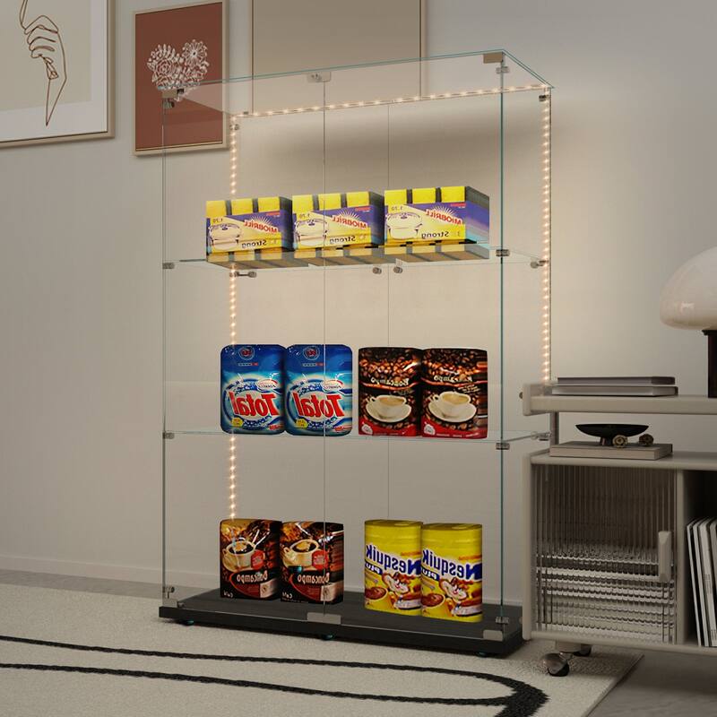 Tempered Glass Display Cabinet, File Cabinet, Tempered Glass Top, Bluetooth LED Light Strip, with Door Lock - Black