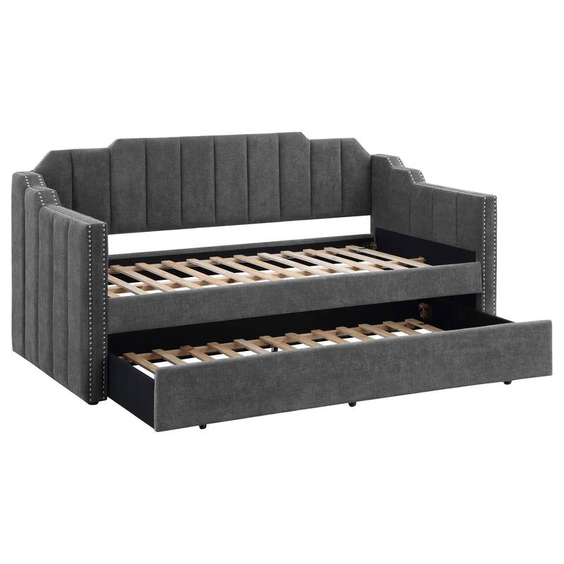 Charcoal Velvet Upholstered Twin Daybed with Channel Tufting, Nailhead Trim and Hidden Trundle for Guestroom