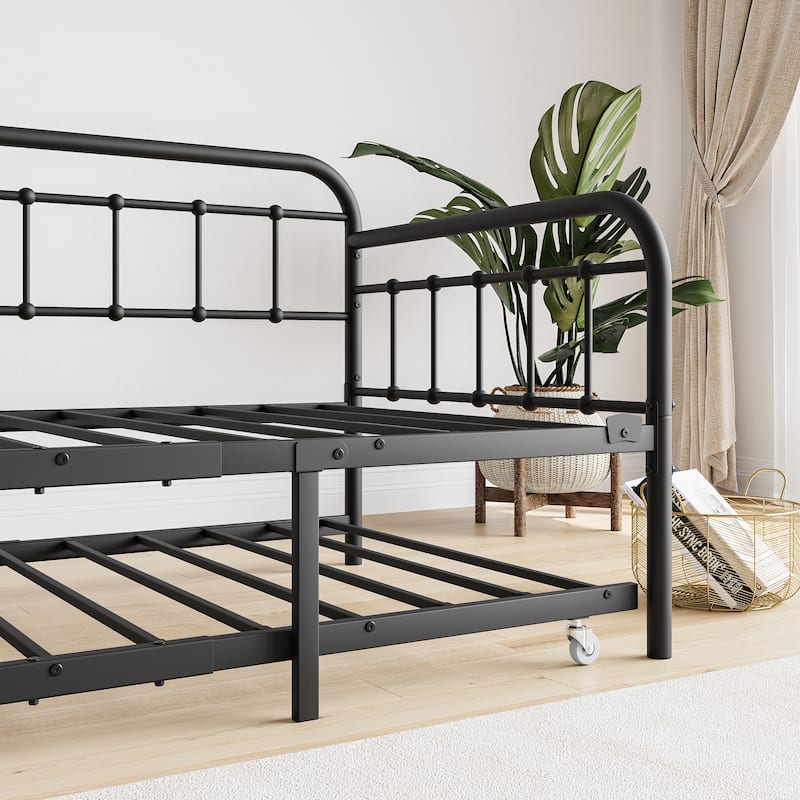 Twin Size Metal Daybed Frame for Bedroom, Pull-Out Trundle Bed with Heavy Duty Steel Slats Supports for Small Apartments