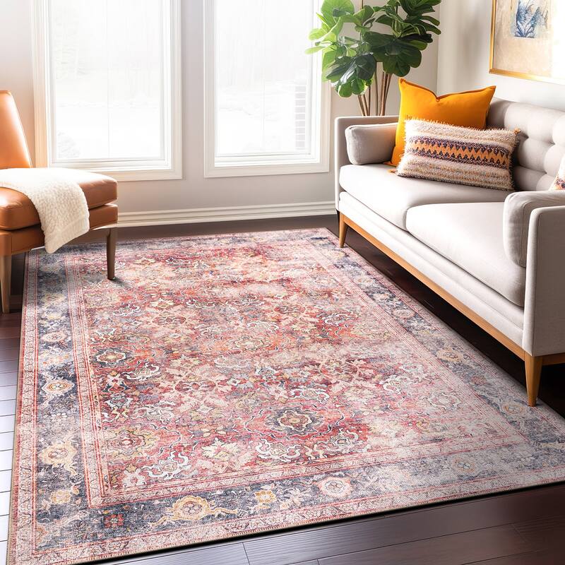World Rug Gallery Vintage Bordered Machine Washable Non Slip Area Rug - 5' x 7'