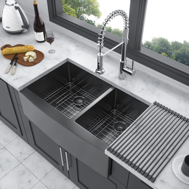 Farmhouse 16 Gauge Double Bowl Stainless Steel Kitchen Sink in Gunmetal Black