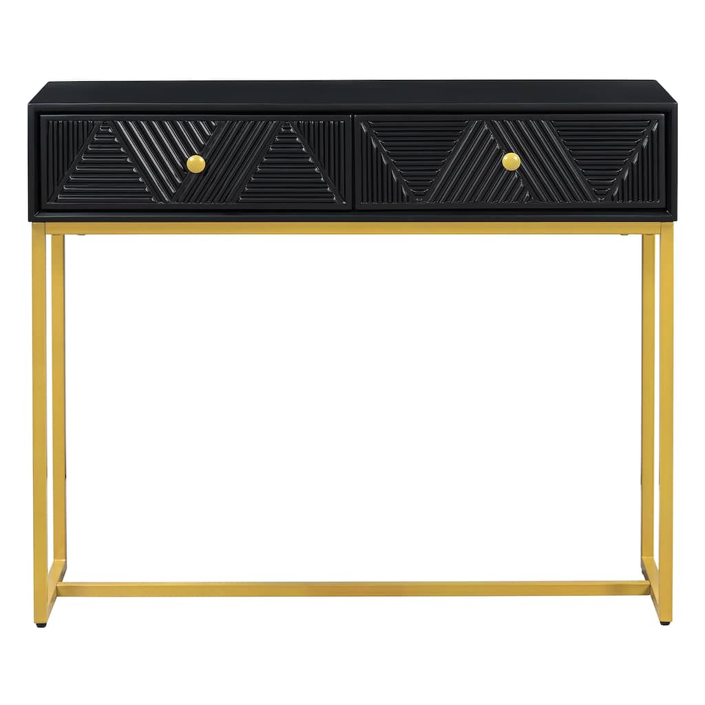 Modern Sleek Console Table with Stripe Design, 38" Living Room Metal Entryway Sofa Table with 2 Storage Drawers