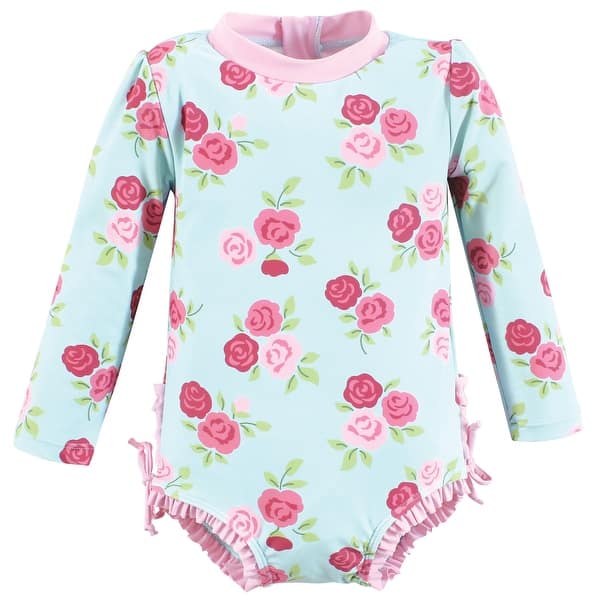 slide 1 of 1, Hudson Baby Girls Rashguard Toddler Swimsuit, Mint Pink Roses 2T - Mint Pink Roses Toddler