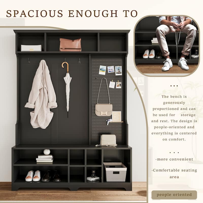 Multipurpose Coat Rack with 4 Hooks, Wood Hall Tree with Shoe Bench, Entryway Bench with Storage Shelves and Shoe Storage