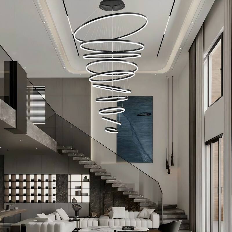 Modern LED Ring Chandelier - Remote Control Dimmable Pendant Lights for High Ceilings, Foyers & Living Rooms