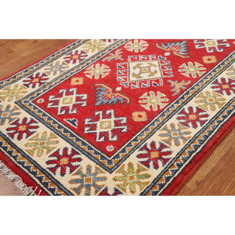 Hand Knotted Oriental 100% Wool Carpet Traditional Geometric Red Kazak Area Rug - 3' 0'' X 2' 0''