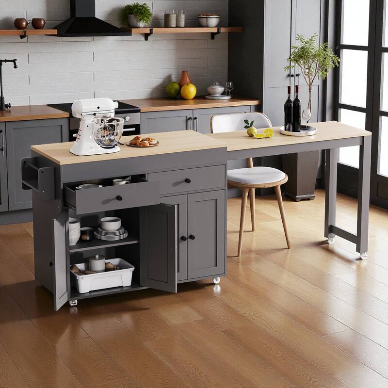 74.5" Extendable Kitchen Island with Dining Table, Rolling Storage Cart with 4 Doors, 2 Drawers, and Spice Rack