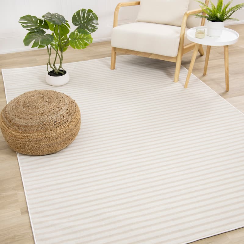 Washable Washable Cream Beige Stripes Area Rug, 5'3" x 7'7"