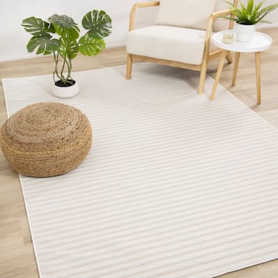 Washable Washable Cream Beige Stripes Area Rug, 5'3" x 7'7"