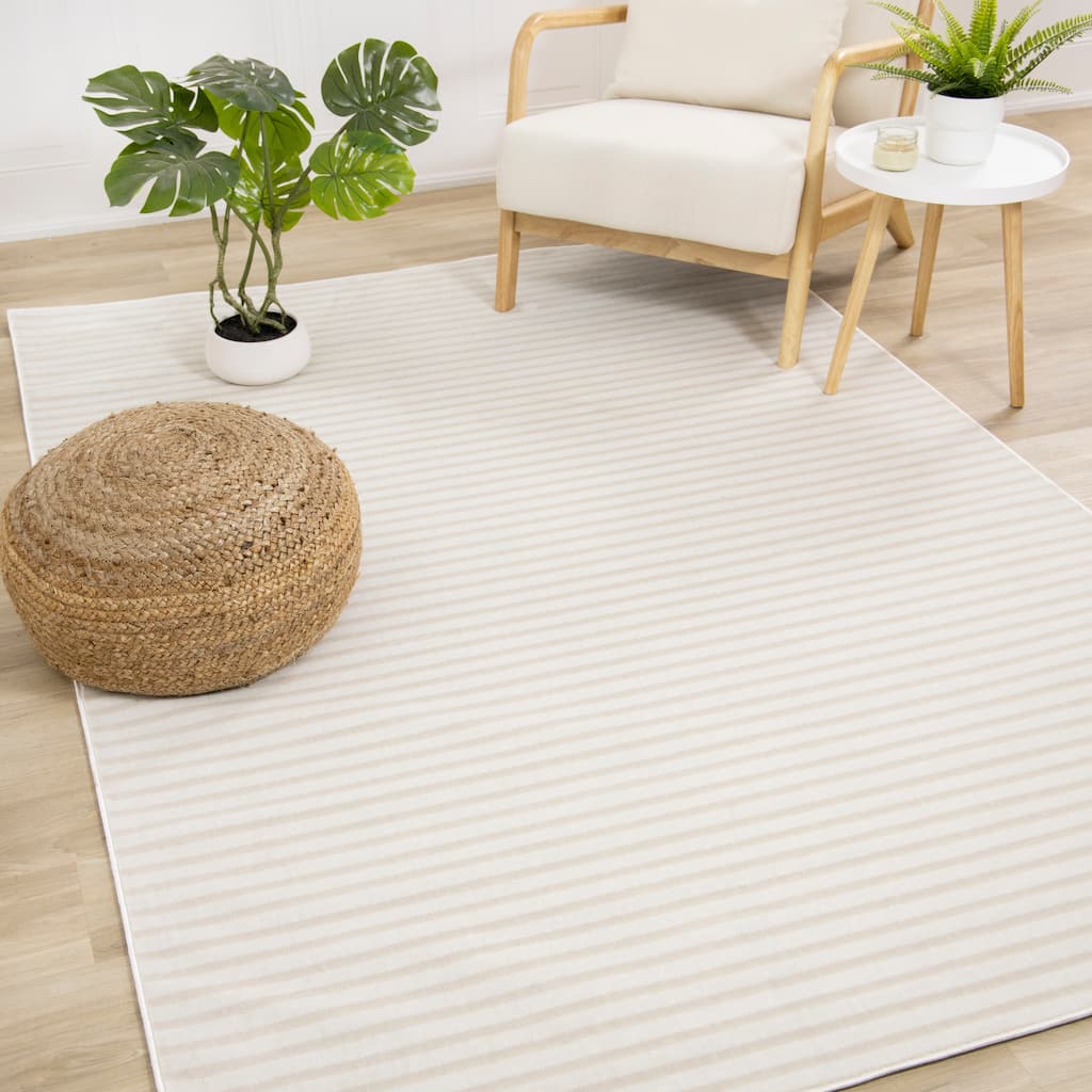 Washable Washable Cream Beige Stripes Area Rug, 5'3" x 7'7"