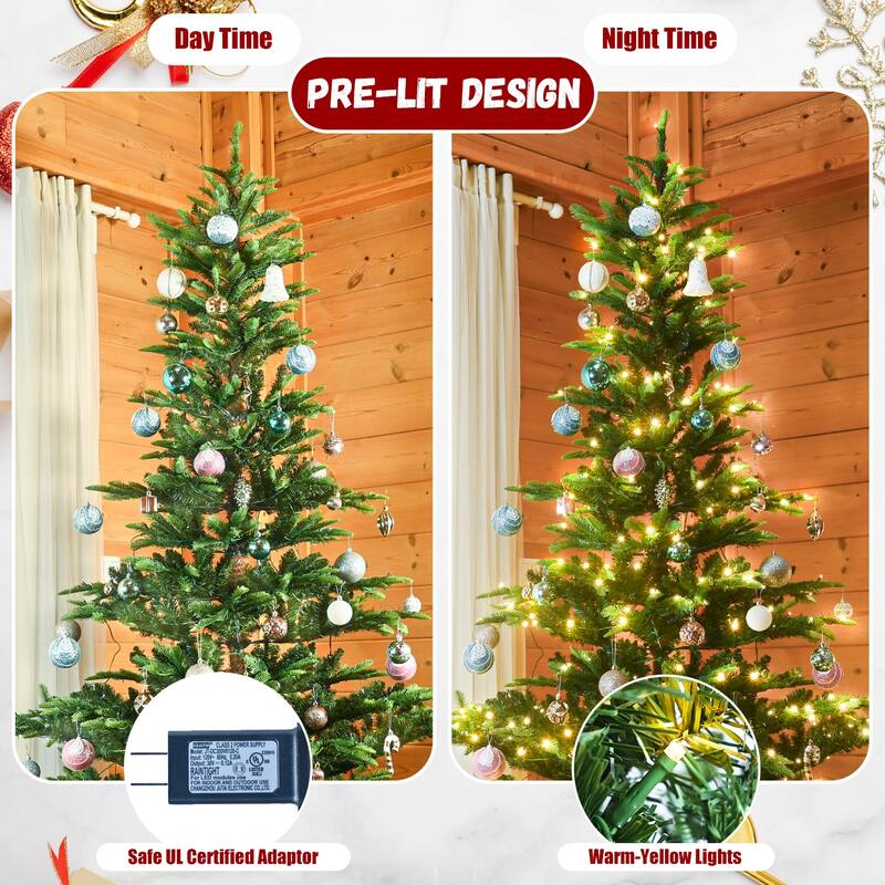 4ft Christmas Tree with 100 Warm White LED Lights, 298 PE+PVC Tips, Auto-Unfold Memory Wire, Hinged Structure & Metal Stand