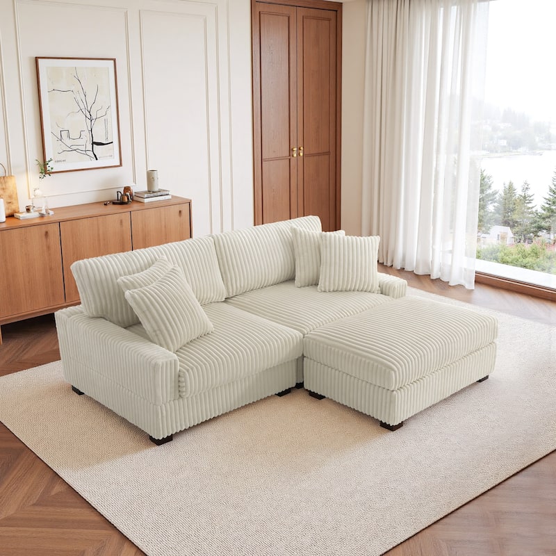 Mia 78" W Plush Corduroy Modular Sectional Sofa With Ottoman - 78" W