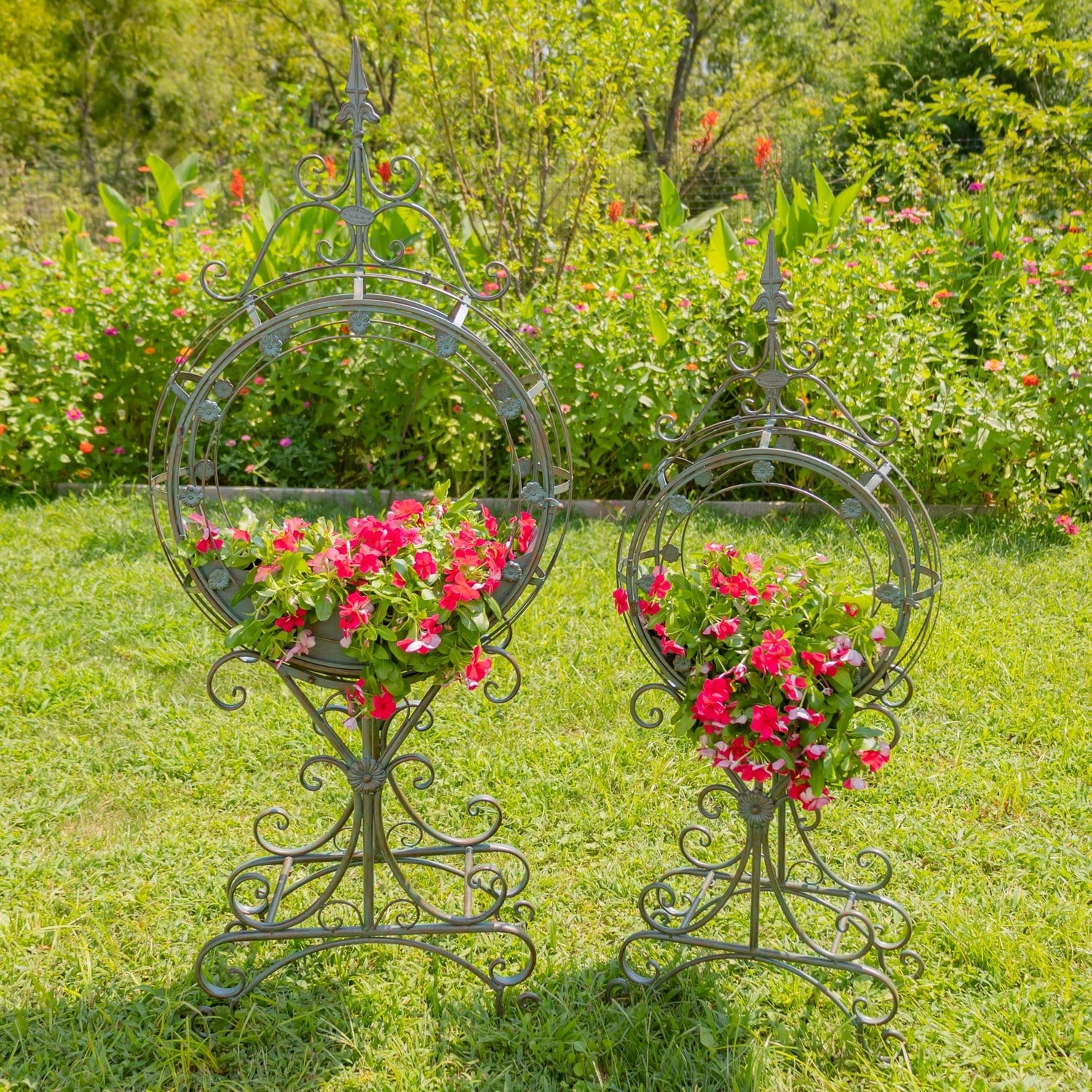 Set of 2 Tall Round Metal Planters with Removable Trays Garden Decor in Verdi Green