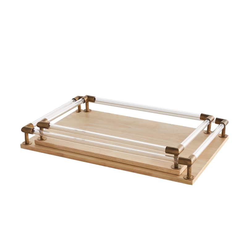 Mango Wood Tray with Copper Metal Edges and Acrylic Sides - Set of 2 Light Brown - Roche River Decor - 12"W x 19"L x 3"H