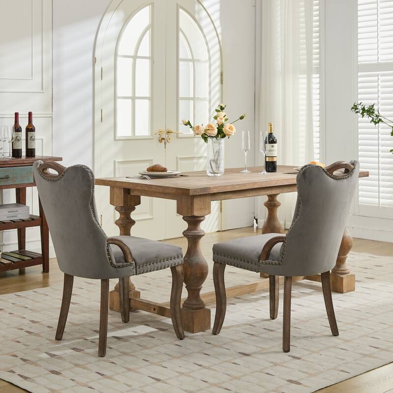 Velvet Dining Chairs Set of 2, Mid Century Modern Tufted Kitchen Chair with Solid Wood Frame, Copper Nail Decor for Living Room