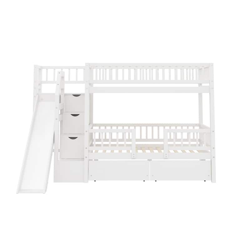 Twin Over Twin Bunk Bed with Storage Staircase, Slide and 2 Drawers