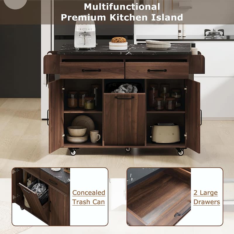 Kitchen Island with Trash Can Storage and Adjustable Shelf