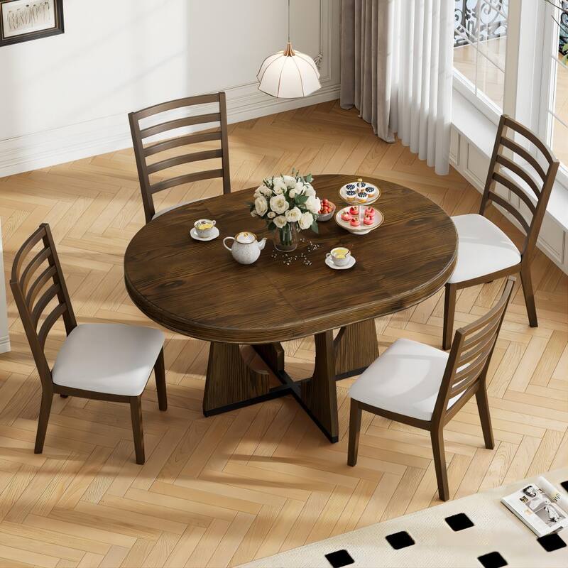 5-Piece Solid Wood Retro Rustic Functional Dining Set with 16" Removable Middle Leaf - Walnut
