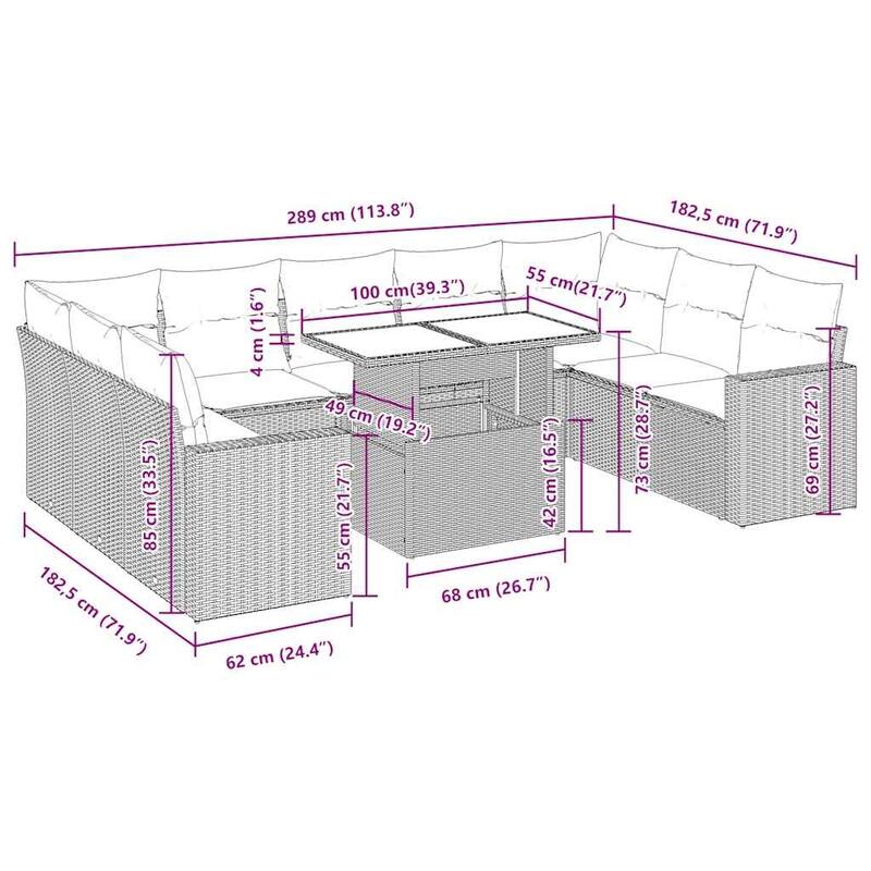 vidaXL 10 Piece Patio Sofa Set with Cushions Black/Brown/Gray Poly Rattan