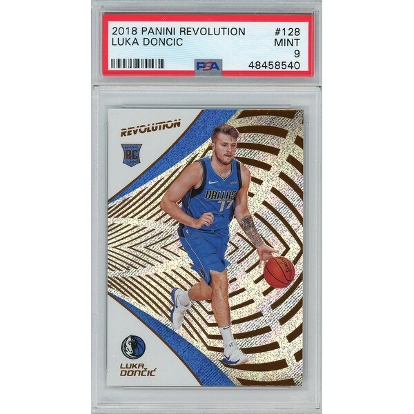 Luka Doncic Dallas Mavericks 2018 Panini Revolution Basketball Rookie Card RC 128 Graded PSA 9 MINT - Black - 5' x 8'. Opens flyout.