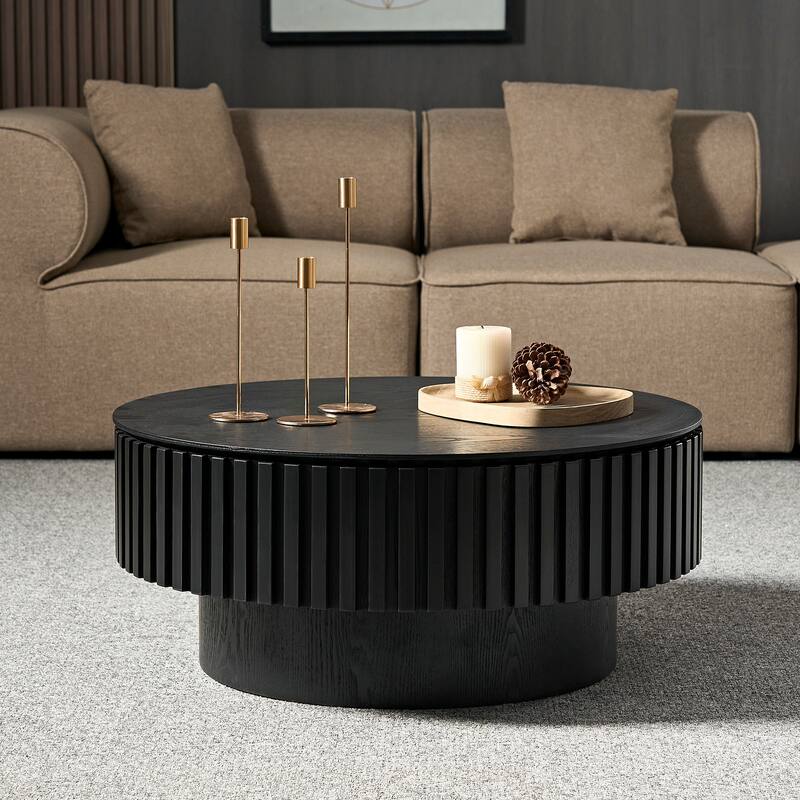 31.5" Round Wood Coffee Table with Storage, Modern Handcraft Drum Coffee Table, Stylish Circle Wooden Center Table