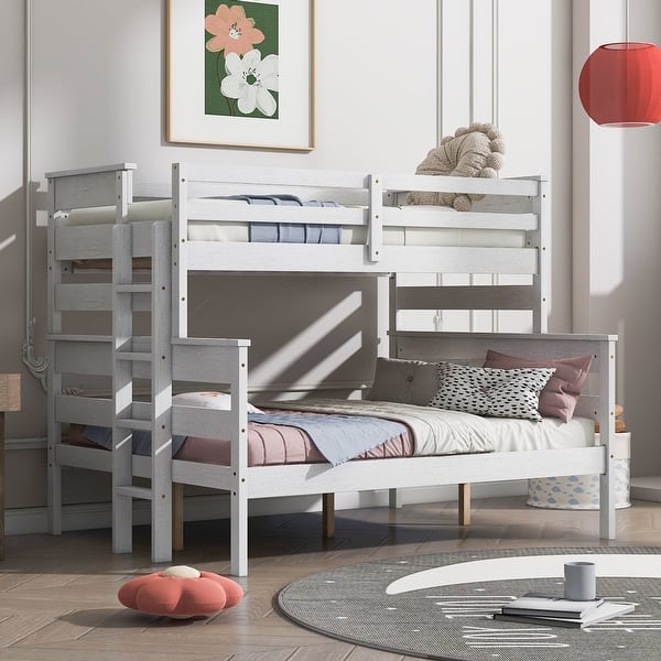 slide 2 of 13, Twin over Full Bunk Bed Slat Support Solid Wood Bed Frame Full Length Guardrail Up Bed, Convertible 2 Platform Bed - White White - Twin