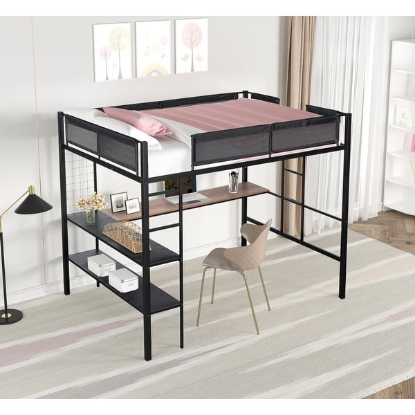 slide 2 of 9, Metal Full Size Loft Bed with Desk and Shelves, Sturdy Metal Bed Frame with Built-in Desk, 2-tier Shelves, Noise-free Wood Slats Black - Full