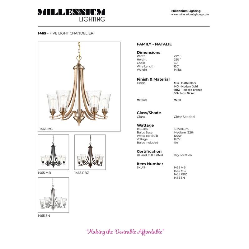 Millennium Lighting Natalie 5 Light Chandelier with Clear Seeded Glass Shades