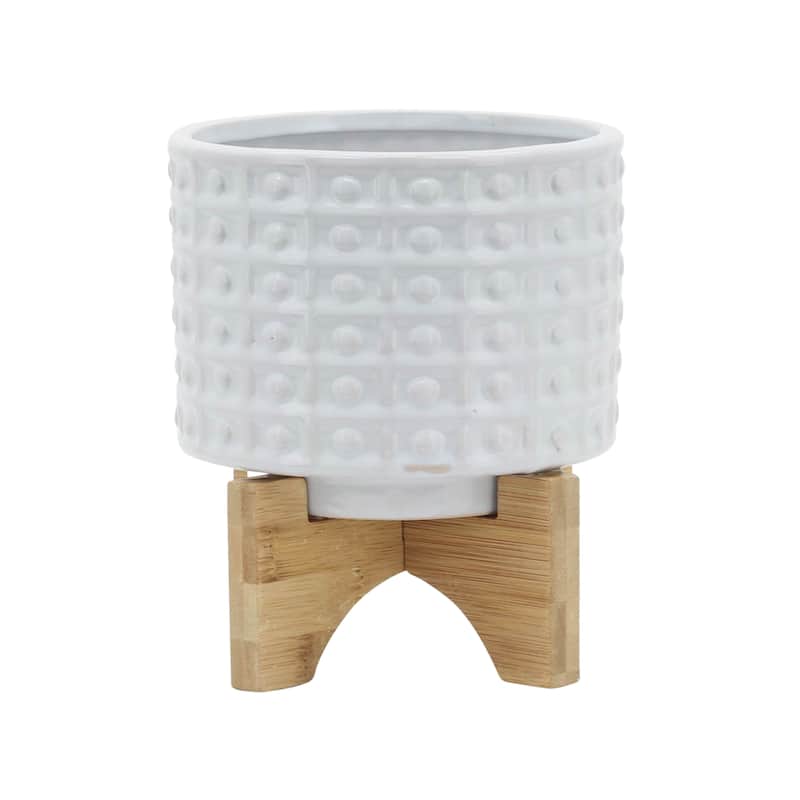 Sagebrook Home Handmade Ceramic Planter Pot with Natural Wood Stand