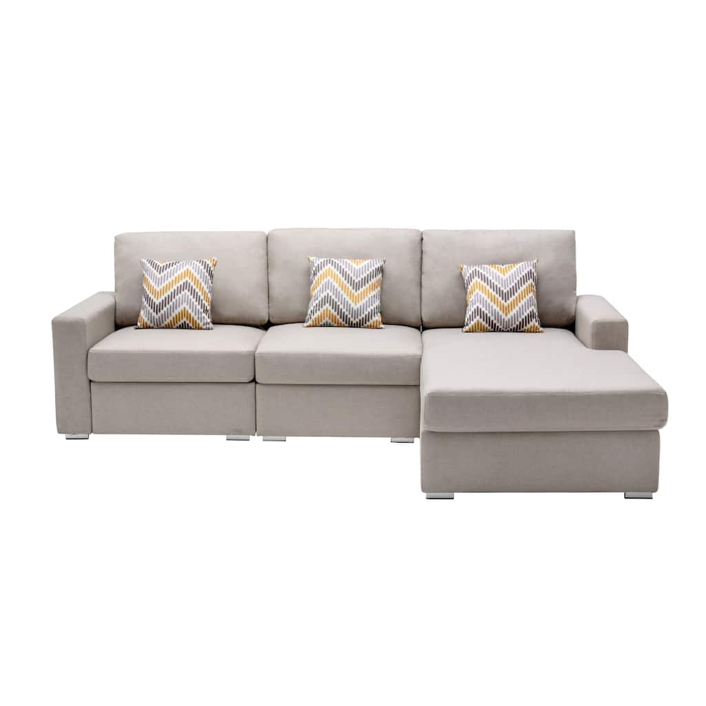 Linen Fabric 3 Piece Reversible Sectional Sofa Chaise with Pillows and Interchangeable Legs in Beige