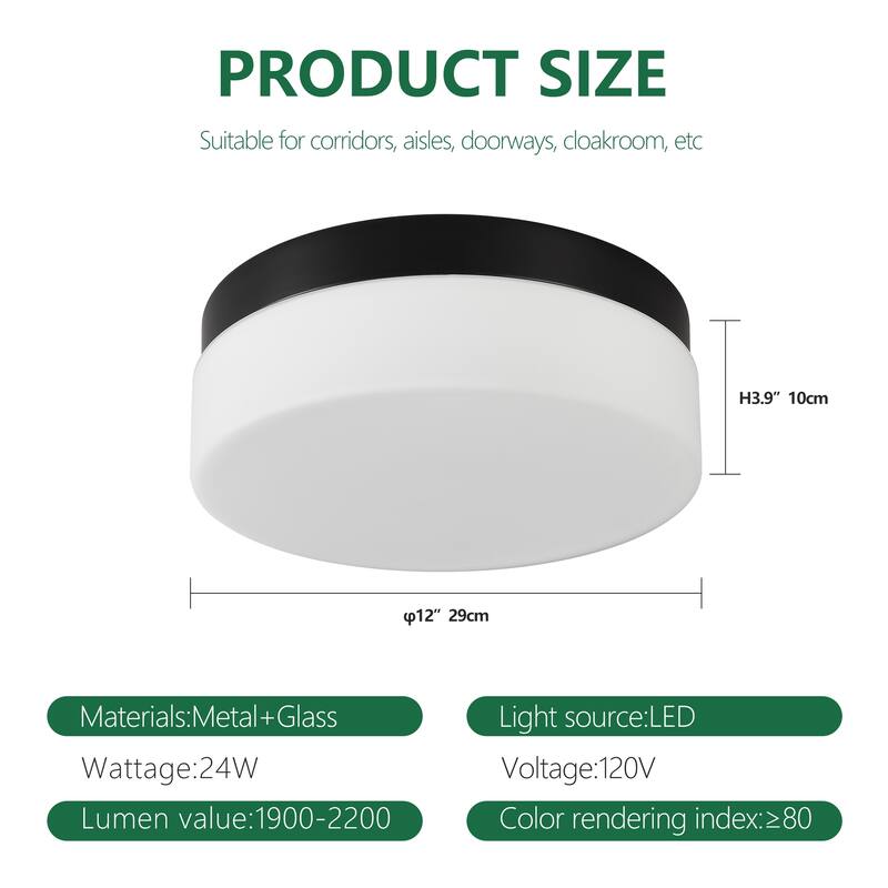 LED Flush Mount Ceiling Light Fixture, Modern Ceiling Lamp 24W 12 Inch Closet Round Surface for Bathroom Laundry Bedroom