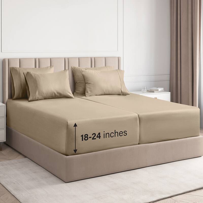 CGK Linens 6 Piece Extra Deep Pocket Microfiber Hotel Luxury Bed Sheets Set - Split King - Cream