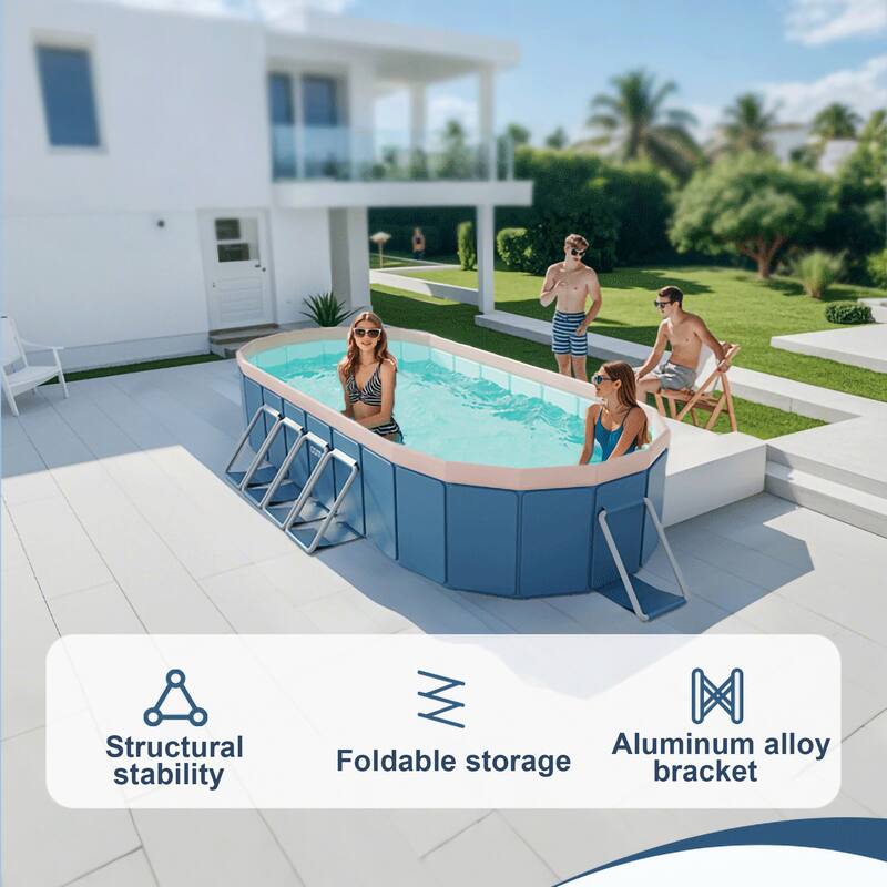 Non-Inflatable Foldable Swimming Pool w/Durable PVC, Deep Blue Oval Folding Swimming Pool for Outdoor, Backyard, Garden, Camping