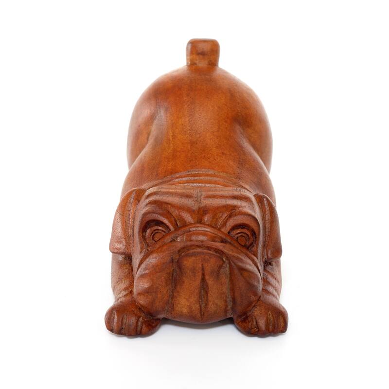 Wooden Hand Carved Crouching English Bulldog Statue Figurine Sculpture Art Decorative Home Decor Accent Handmade Wood Dog