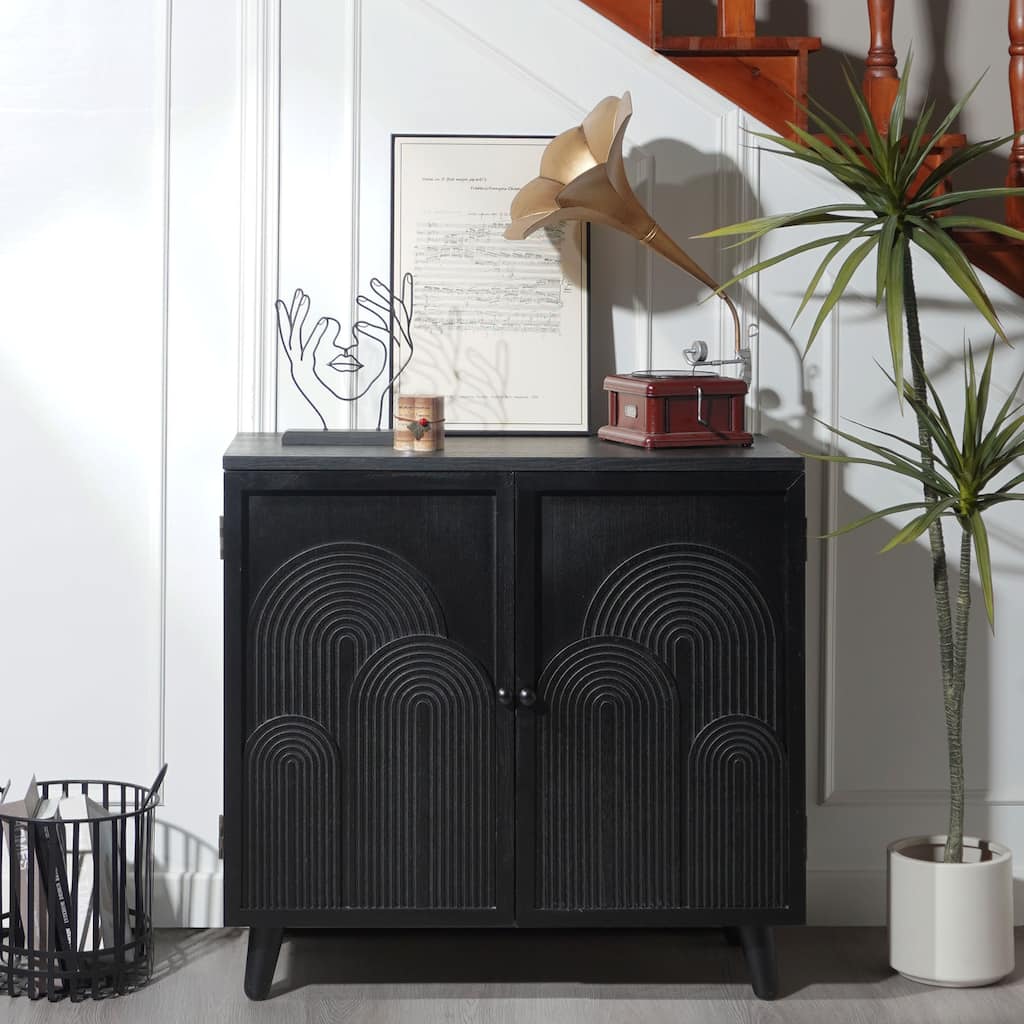 Roomfitters Modern Black Storage Cabinet with Embossed Geometric Door Design, 2-Tier