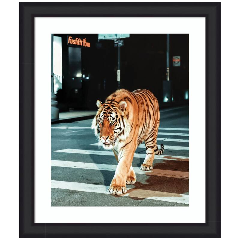 Kate and Laurel Framed Art Tiger in the City at Night 2 by Michael Schauer - 23x27 - Black