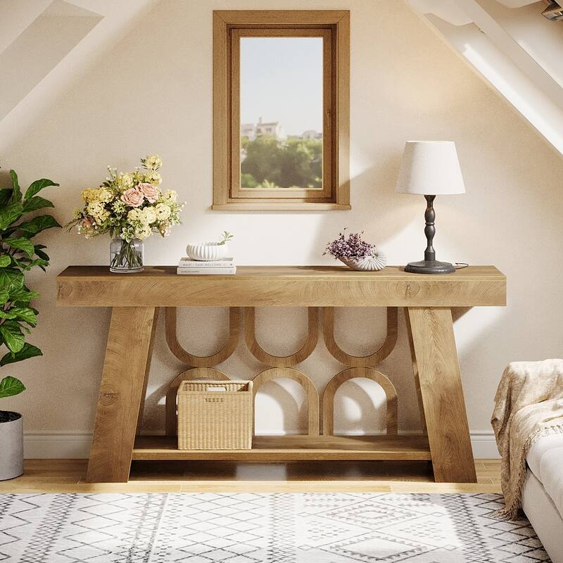 63" Console Table with Arched Legs, 2-Tier Farmhouse Entryway Table
