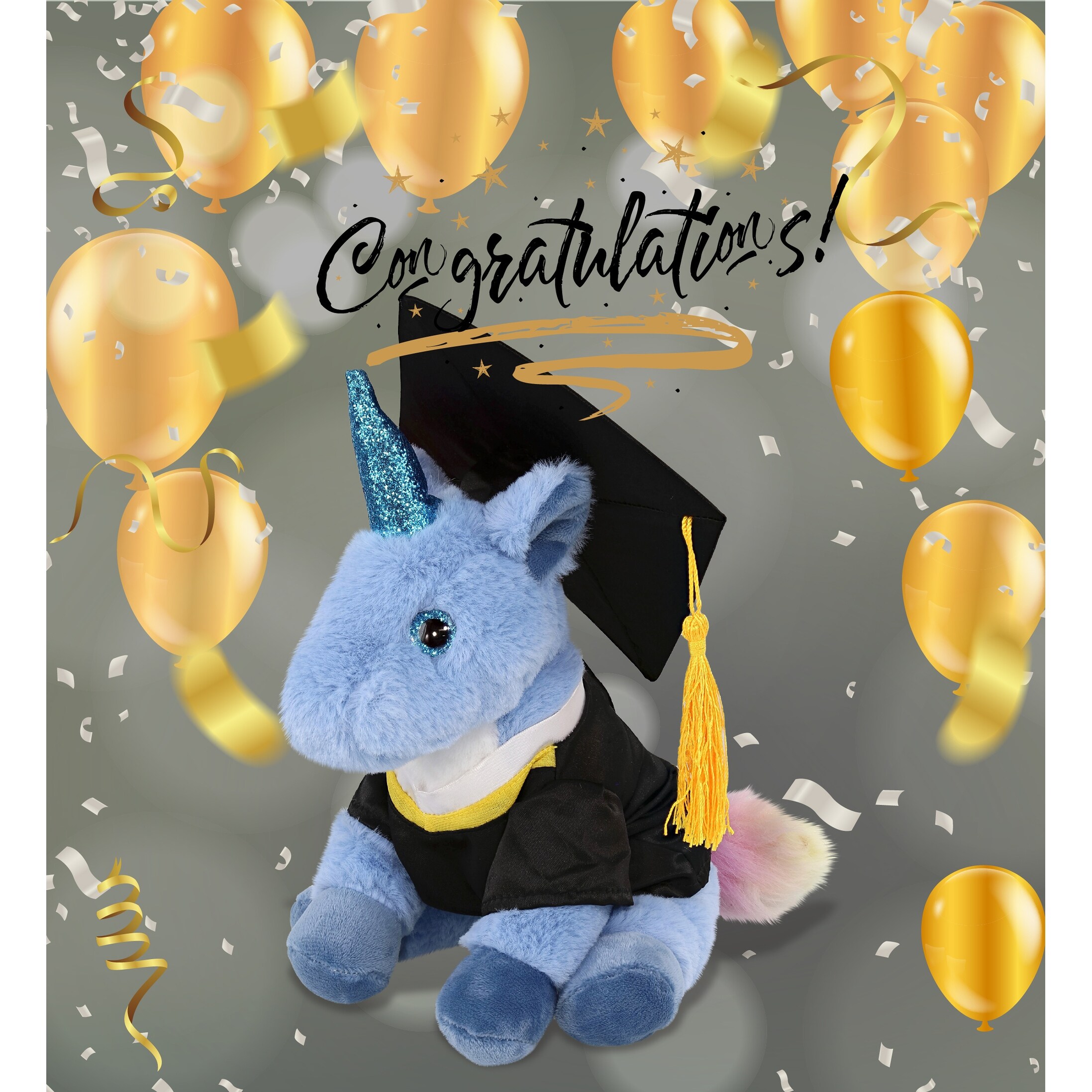 DolliBu Blue Unicorn Graduation Plush Toy with Gown and Cap Outfit