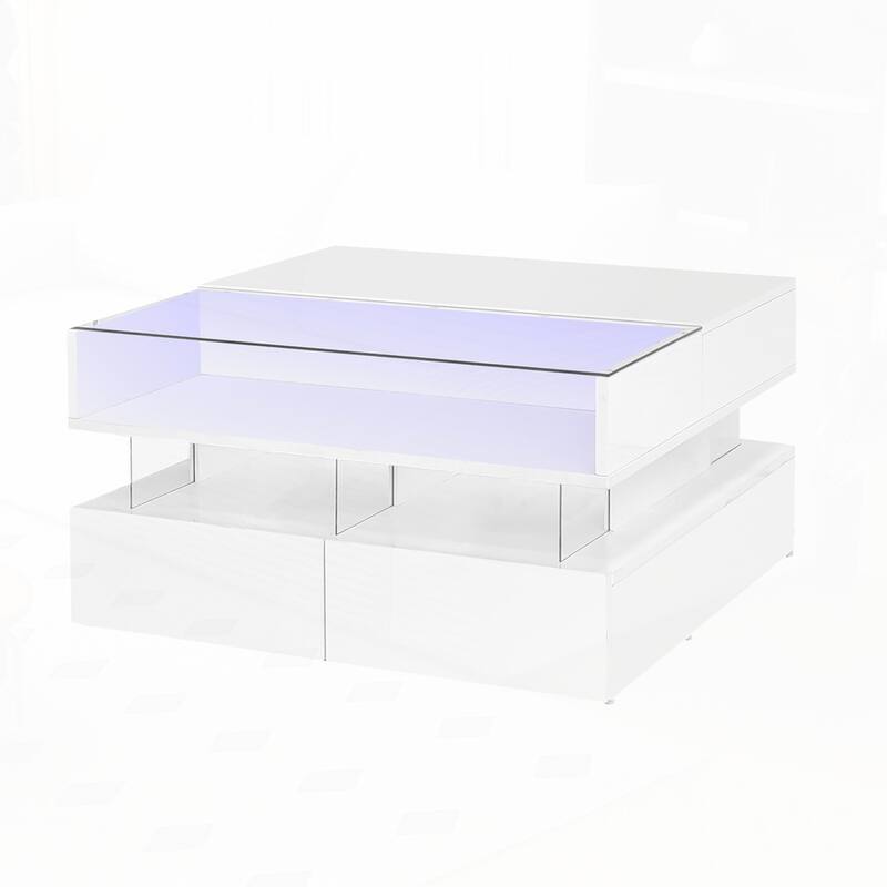 Square Coffee Table with Glass Top and High-Gloss Finish