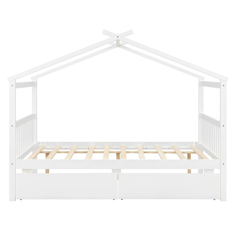 Creativity House Bed Full Size Frame with 2 Wood Drawers for Boys Girls, Wood Platform Bed with Roof No Box Spring Needed