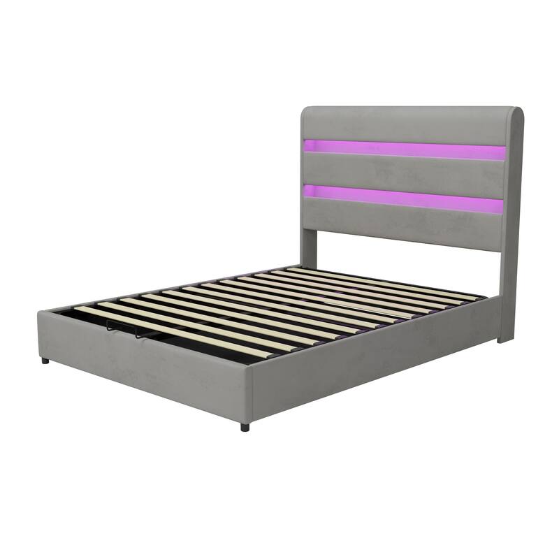LED Storage Bed with Velvet Upholstery Headboard & Footboard, Grey Full