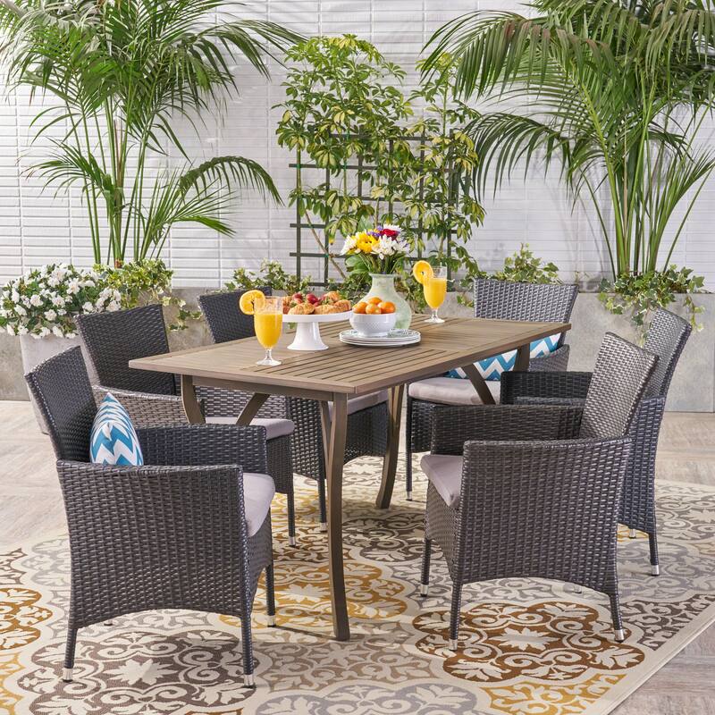 Bennett Outdoor 7 Piece Wood and Wicker Dining Set by Christopher Knight Home - Gray/Light Gray