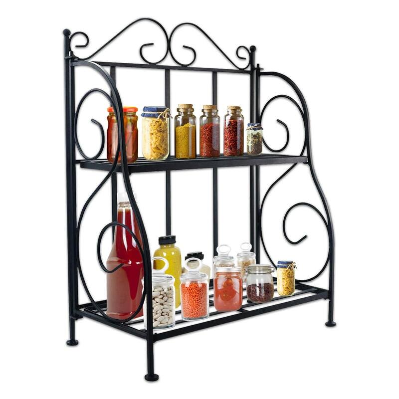 2-Tier Black Foldable Spice Shelf Rack Kitchen Bathroom Countertop
