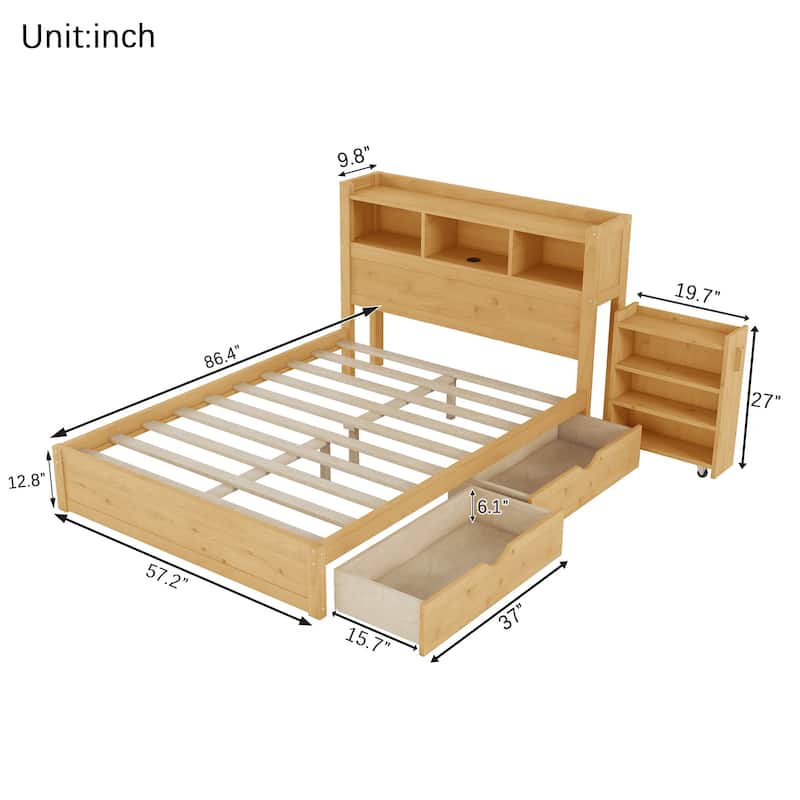 Platform Bed with Storage Headboard Pull Out Storage Cabinet, Bookcase Bed with Drawers, Wood Wingback Bed with Light and Socket