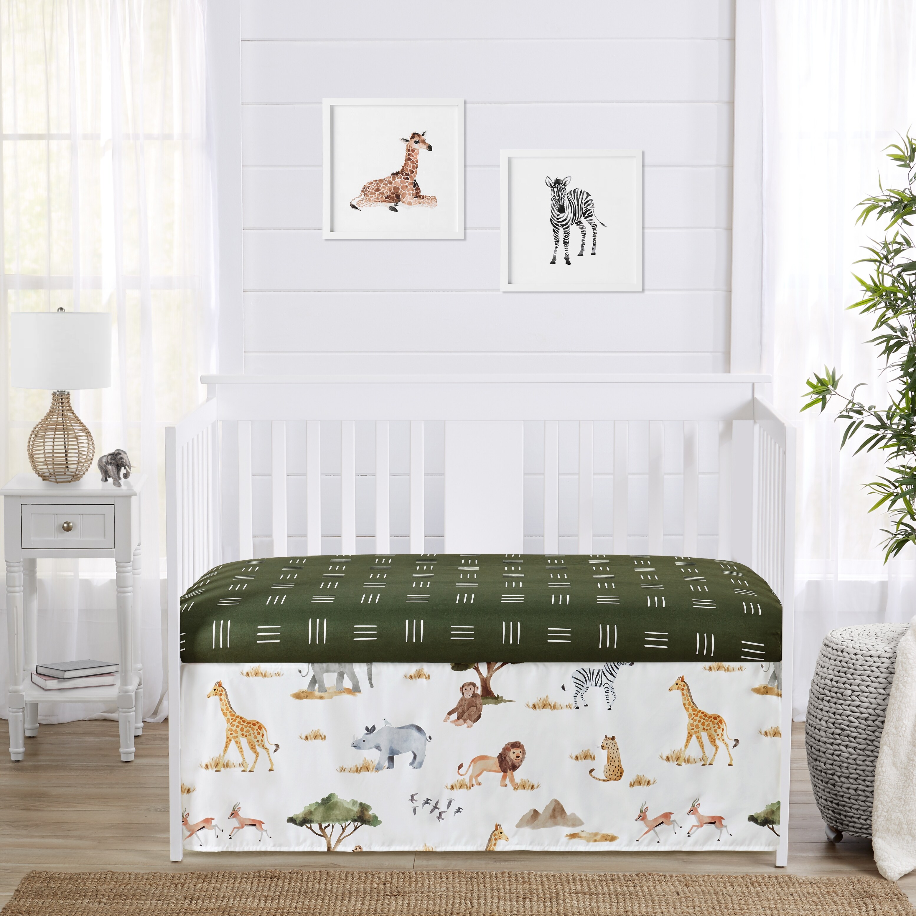 Jungle Animals Crib Bed Skirt Hunter Green Yellow Grey Black and