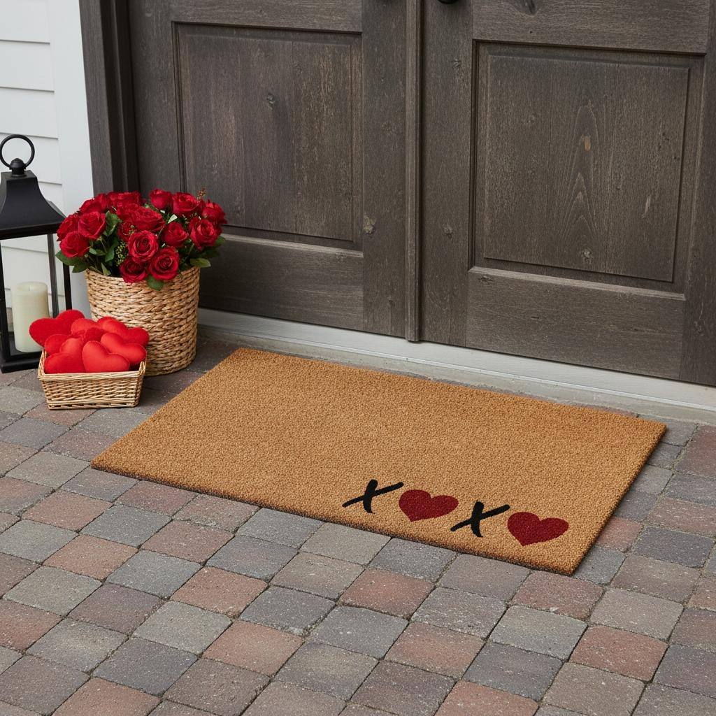 HomeRoots 30" X 48" Brown Black And Red Valentine's Day Heart XOXO Outdoor Coir Door Mat - 30.00' X '48.00