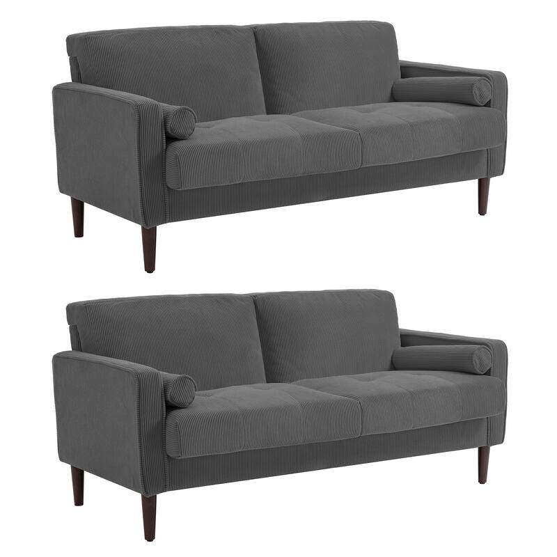 Modern Corduroy Upholstered Loveseat with Bolster Pillows and Wood Legs