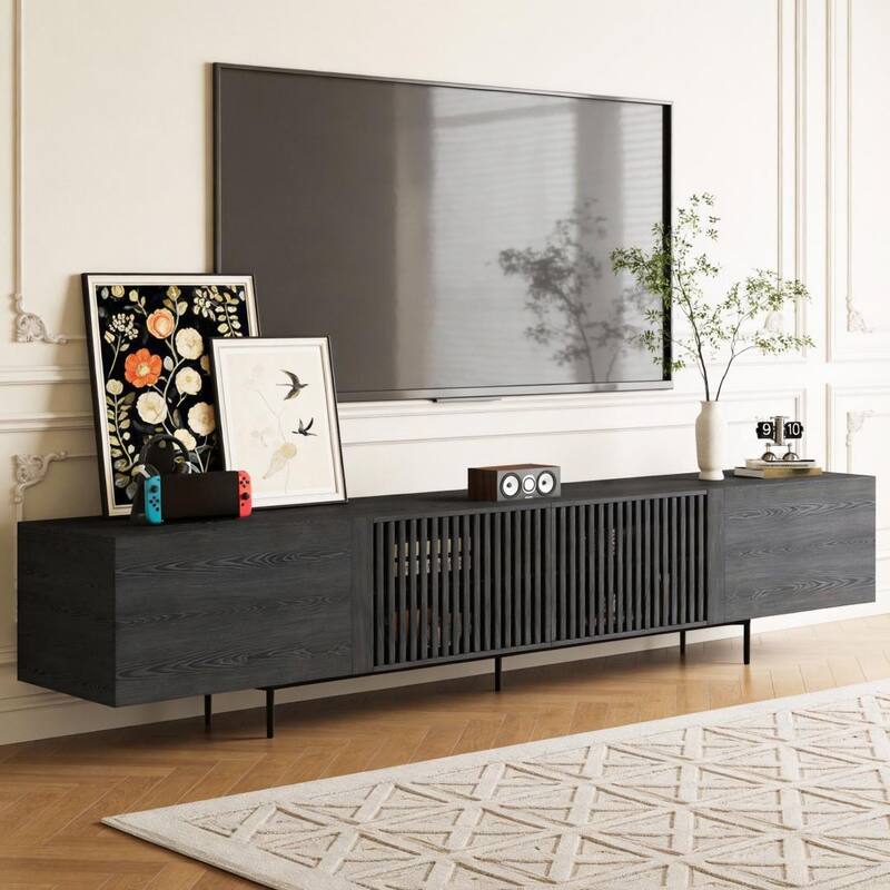 94.48 Inch Extra Long Black TV Stand with Slatted Doors, Modern Entertainment Center for TVs up to 100 Inches,