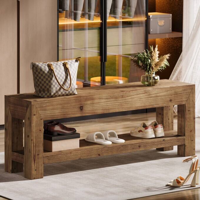 47.24" Solid Wood Shoe Bench for Hallway, Living Room, Bedroom