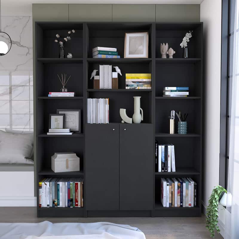 FM FURNITURE Atoka 3 Piece Living Room Set with 2 Sutton Slim Bookcase + Sutton 2-Door Bookcase, Black